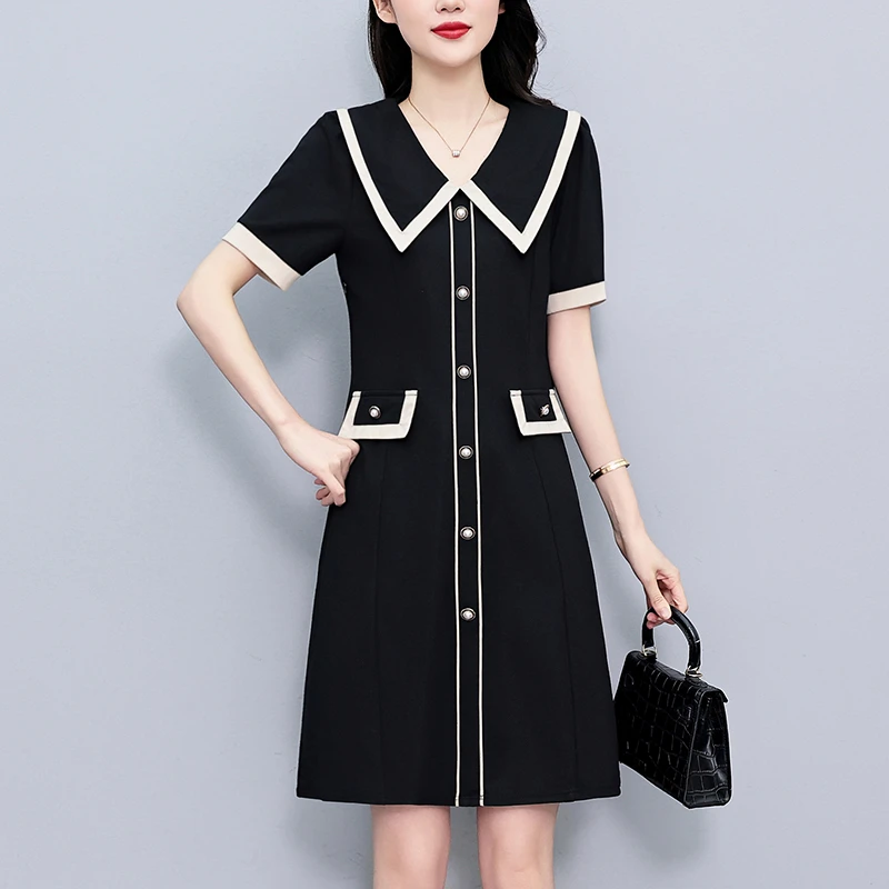 拼接撞色宽松休闲大码女装胖mm短袖连衣裙子夏季新款阔太太妈显瘦