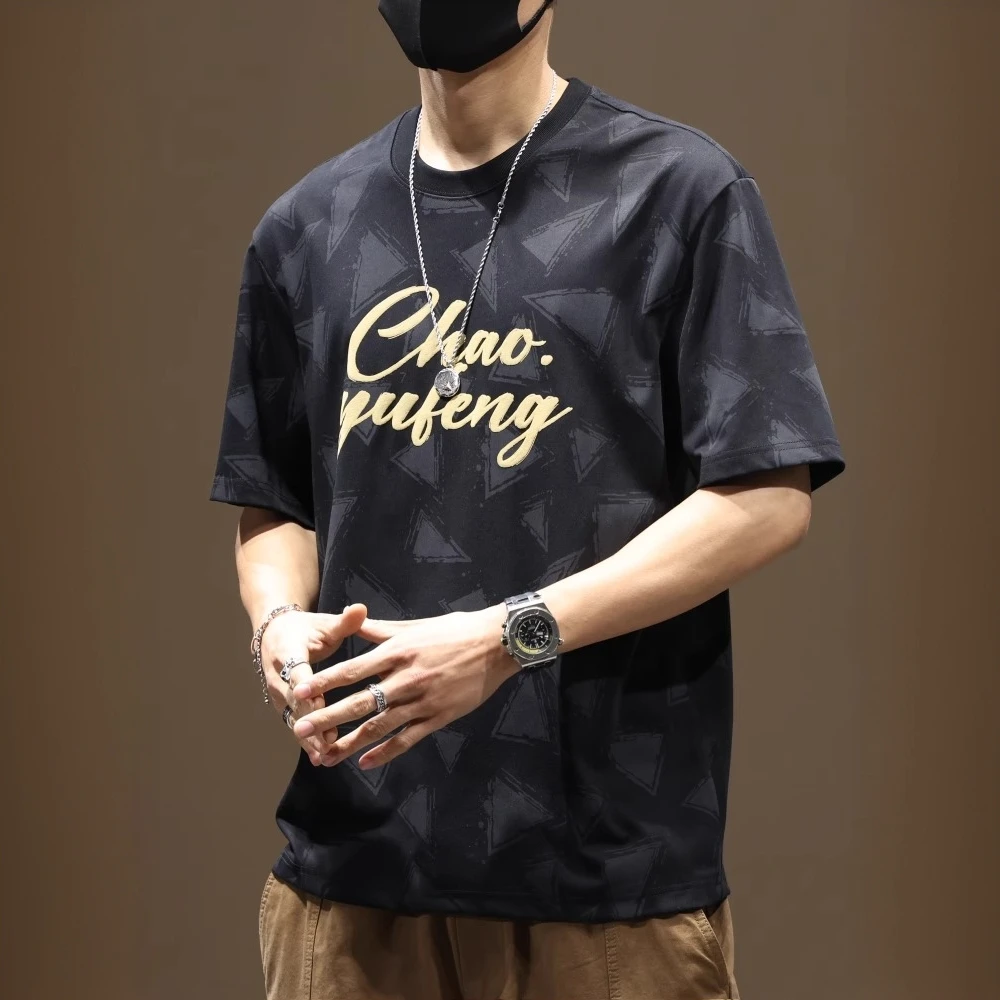 奈纽彼皮夏潮牌美式休闲短袖T恤男宽松大码圆领刺绣百搭半袖体恤