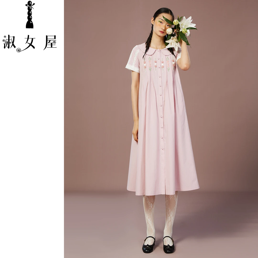 淑女屋官方旗舰店Linda。公主粉红公主高腰连衣裙纯棉新款时尚百搭