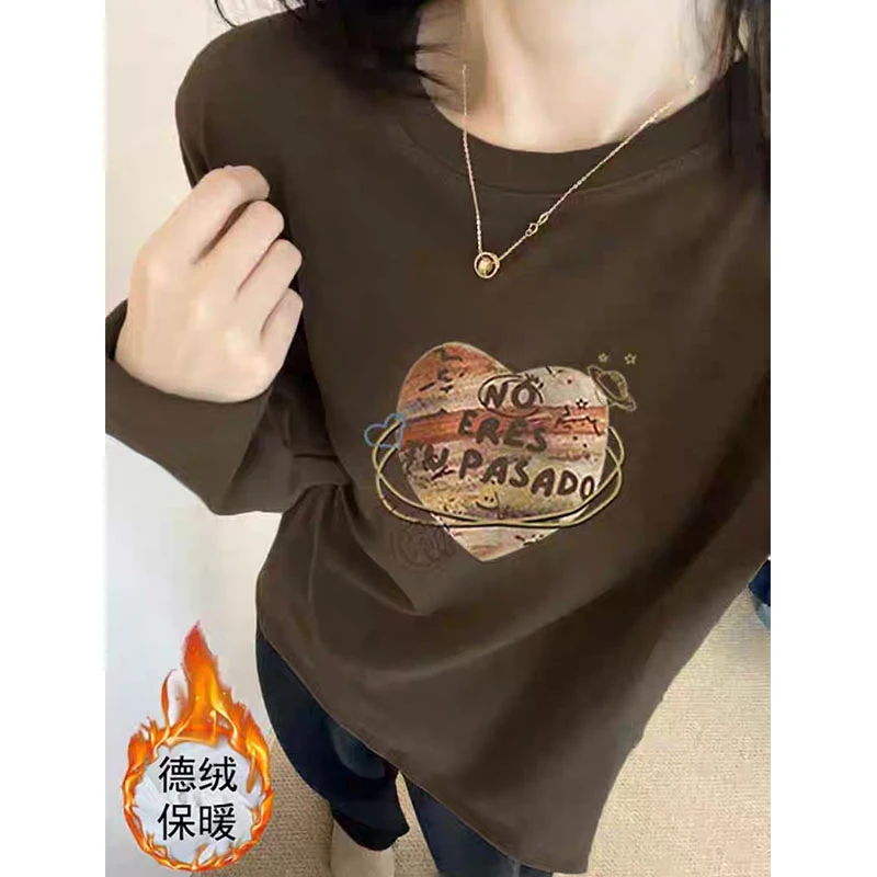 咖啡色德绒正肩长袖t恤女装秋冬季时尚圆领可外穿精致打底上衣加