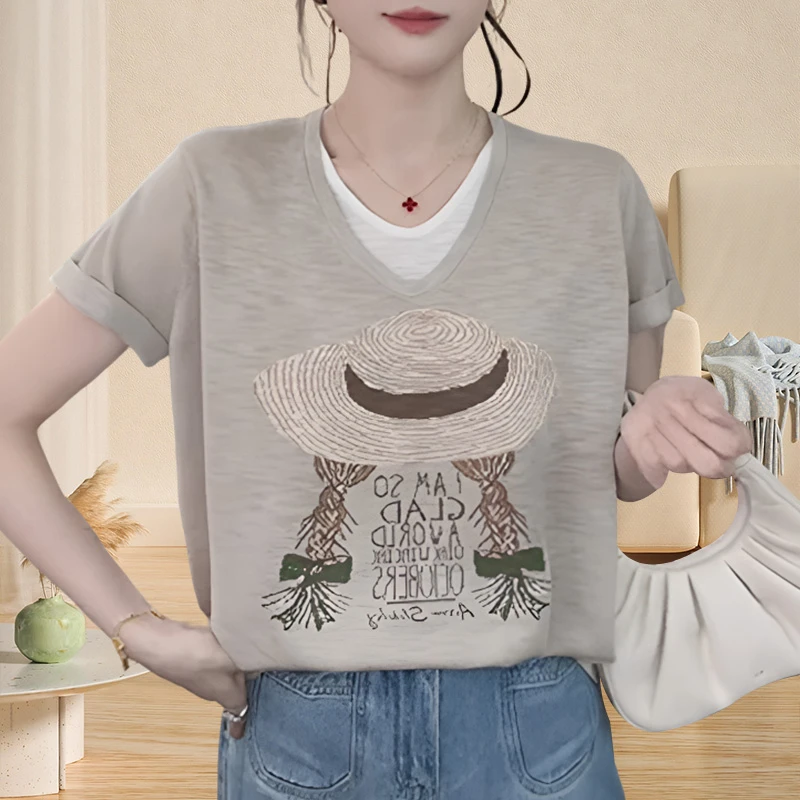 欧货撞色假两件卡通t恤女短袖2025夏季新款减龄小衫别致印花上衣