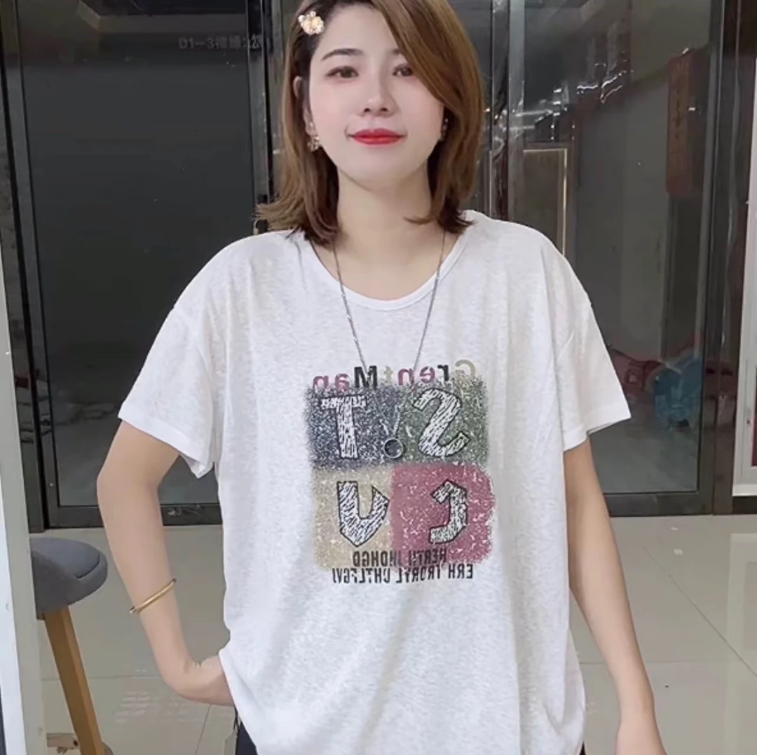欧货大码时尚字母彩绘T恤宽松显瘦百搭短袖上衣女
