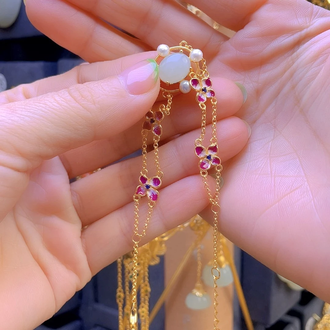 和田玉手链银S925镀金镶嵌