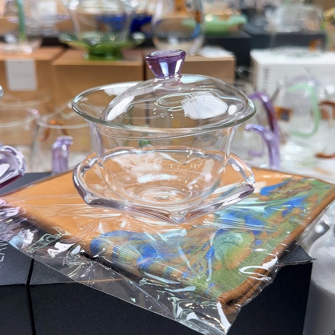 禅语盖碗浅紫色加茶巾