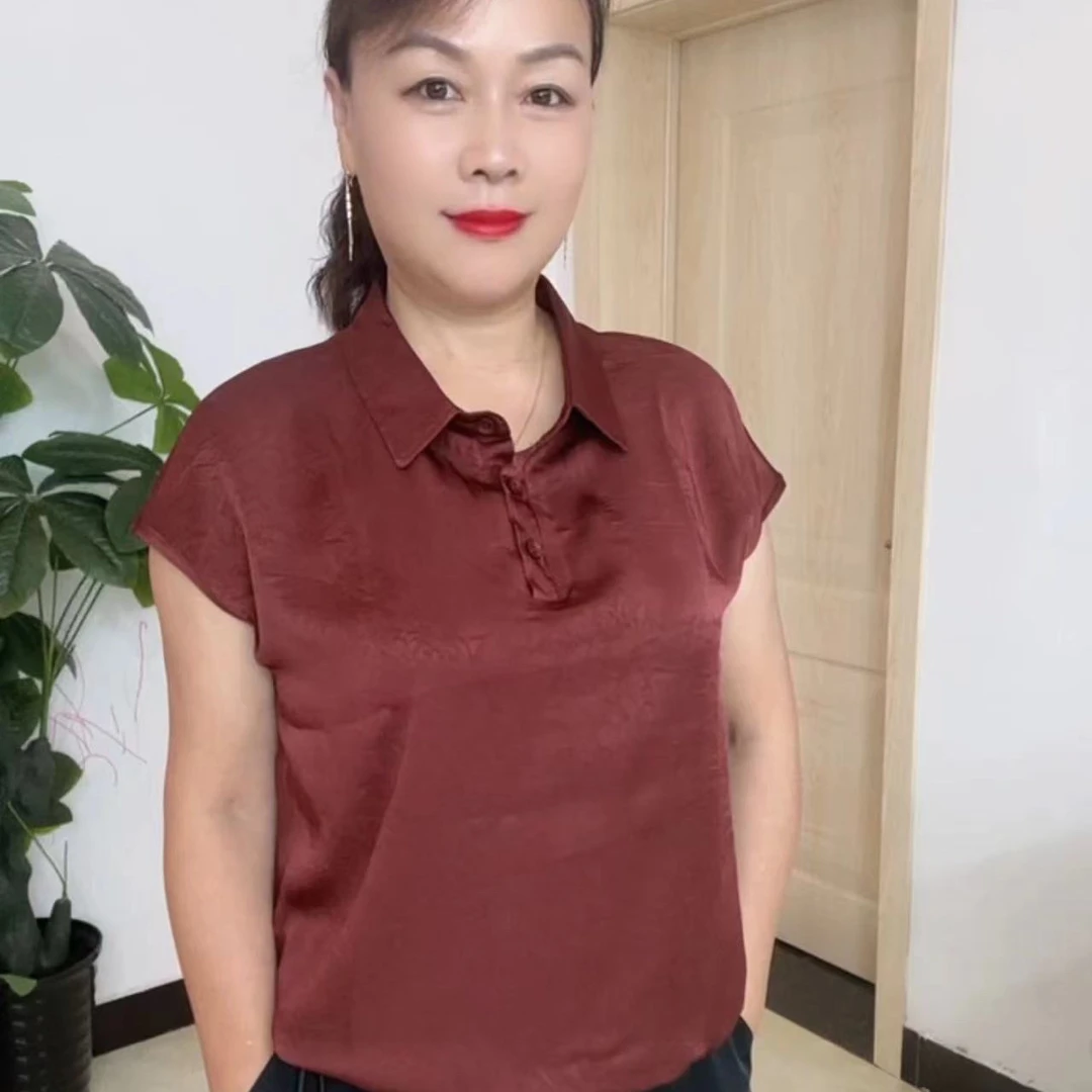 套装短袖T恤百搭女士妈妈装时尚韩版宽松型抗皱休闲风西装领