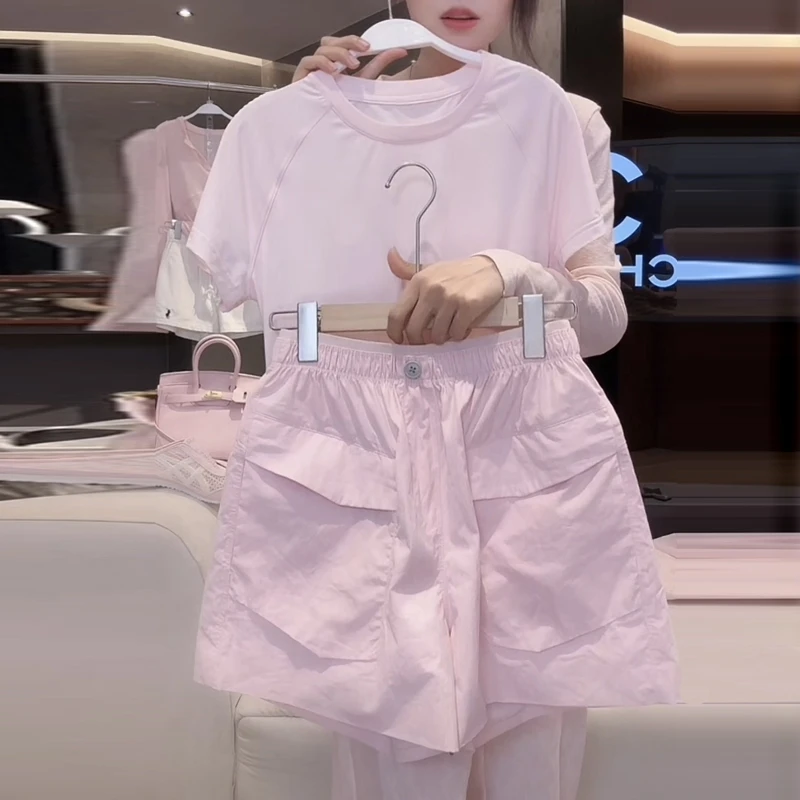 粉色系T恤大口袋A字版短裤套装2025新款多巴胺夏季衣服搭配一整套