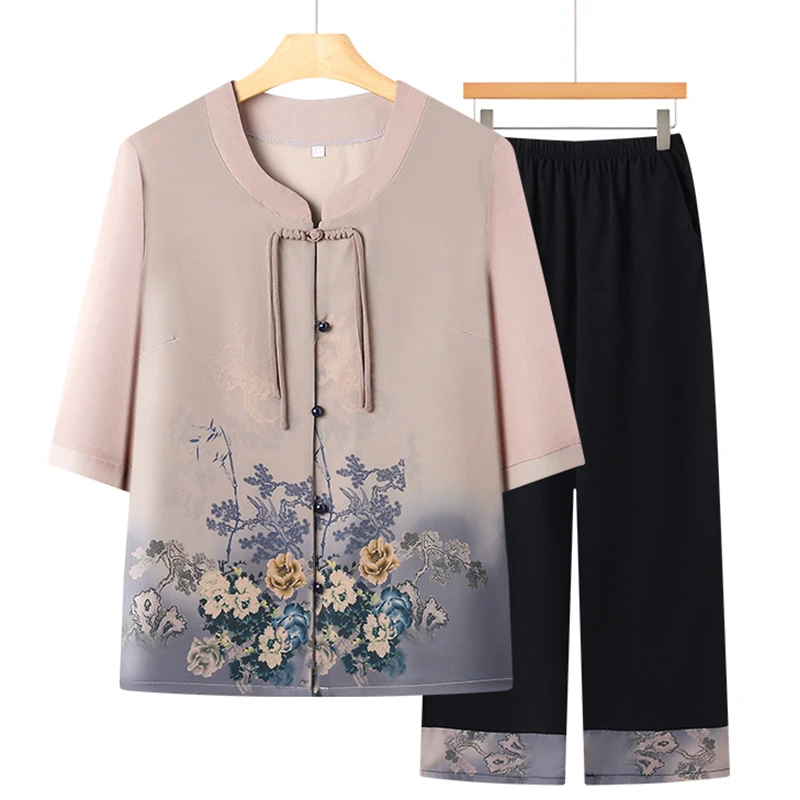 中老年女装夏装休闲套装洋气老太太开衫婆婆上衣奶奶装薄款两件套