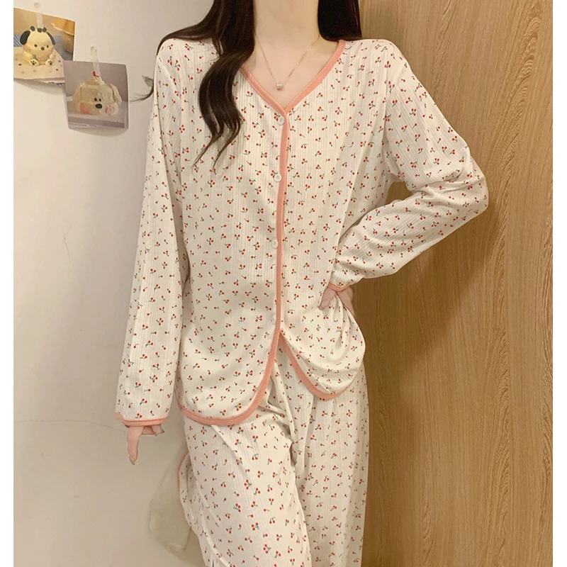 长袖睡衣女款春秋季精梳棉女士性感甜美可爱樱桃慵懒风小个子套装