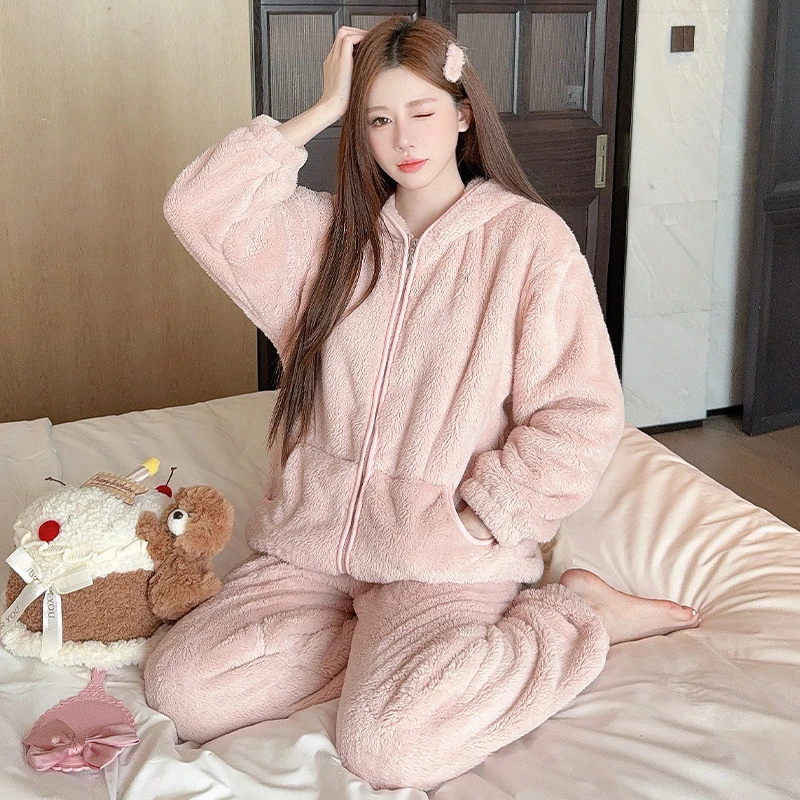 甜美可爱加厚瑞雪绒睡衣女秋冬季2026新款连帽拉链保暖家居服套装