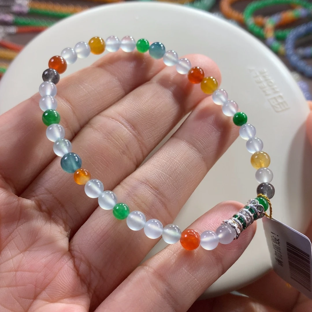 翡翠未镶嵌手链高冰玻起胶浓彩糖果单圈卡4.6~5