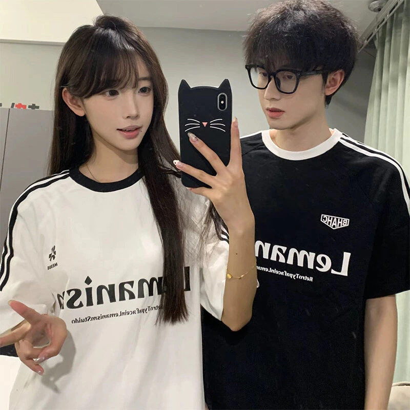 240克宽松纯棉美式潮牌印花三杠半织带短袖T恤百搭夏季潮流情侣装