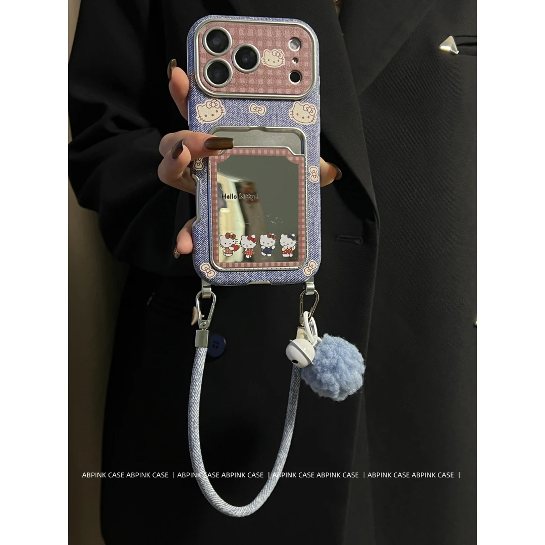 镜面KT大视窗牛仔皮纹卡包适用iPhone17ProMax苹果16手机壳15斜挎