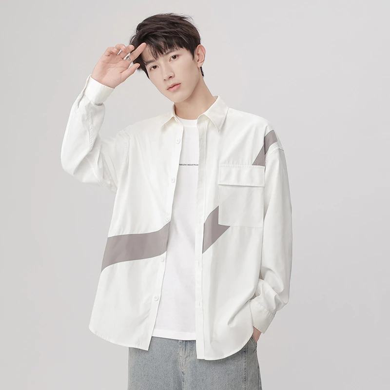 HE衬衫男士春季薄款透气百搭宽松外套简约少年感翻领长袖衬衣