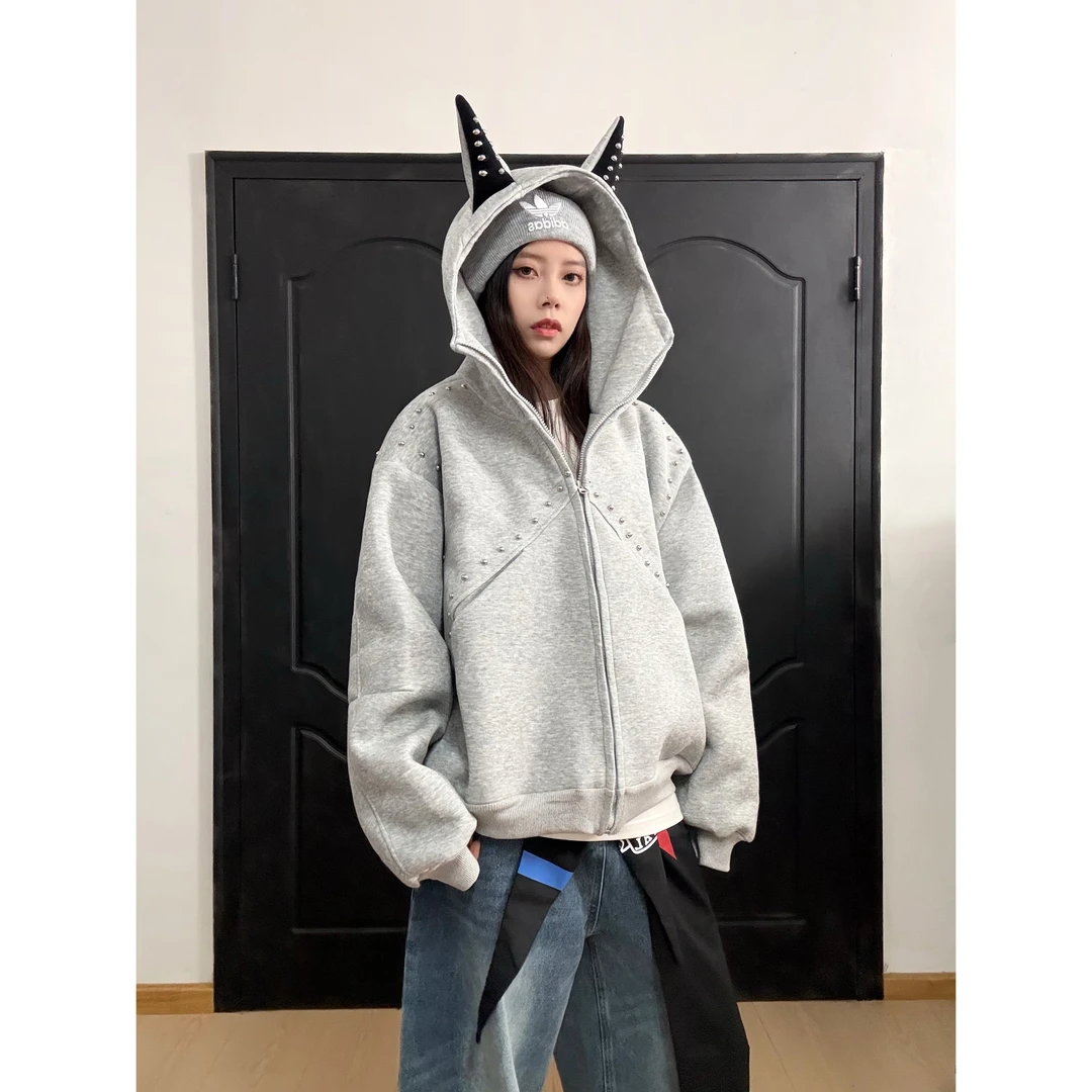 【铆钉杜宾犬耳朵】500克重磅连帽宽松休闲百搭卫衣外套男女同款