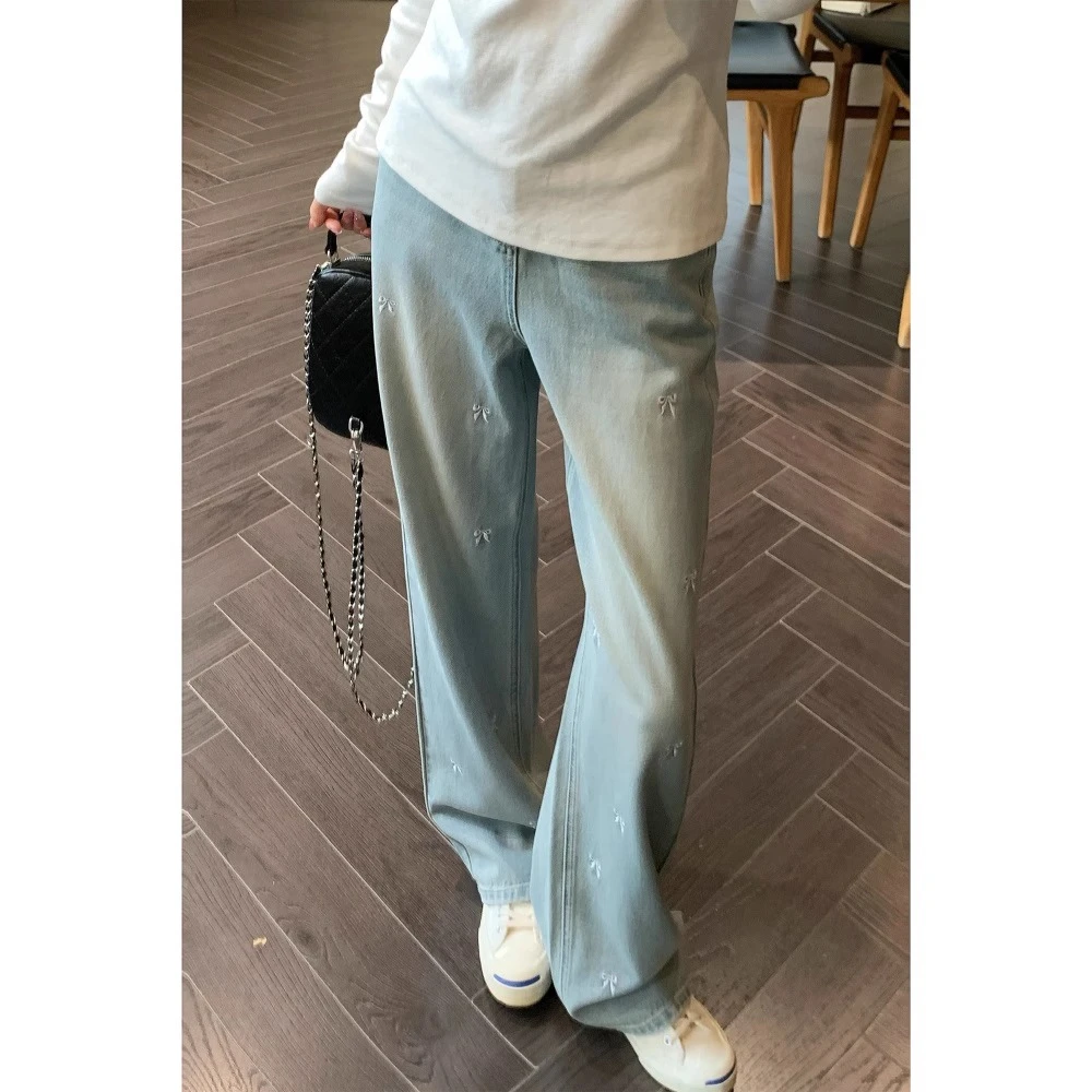孕妇裤百搭设计感托腹牛仔裤女夏季薄款复古高档刺绣蝴蝶结阔腿裤
