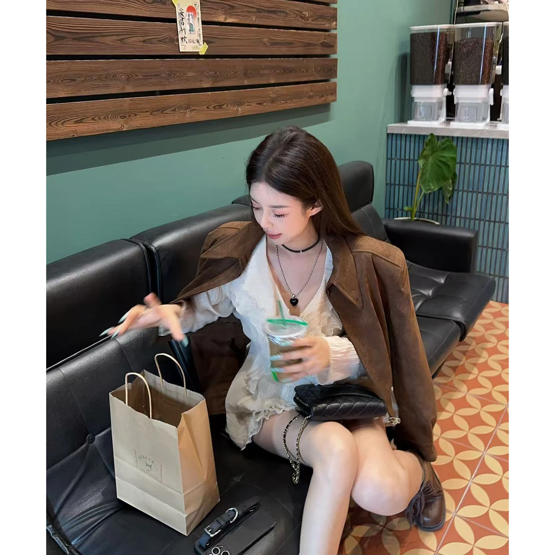 21DEGREES【美拉德甜妹】咖色小翻领外套荷叶边收腰衬衫减龄半裙