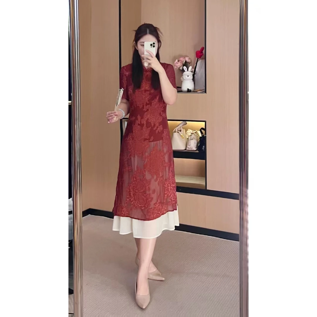 胖大大微胖定制~大码女装夏季新中式显瘦国风改良红旗袍