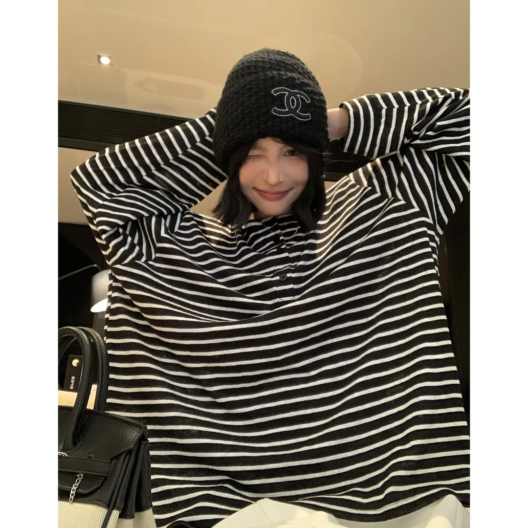 吴童童现货【慵懒条纹】早秋条纹长袖T恤衫简约宽松休闲上衣62471