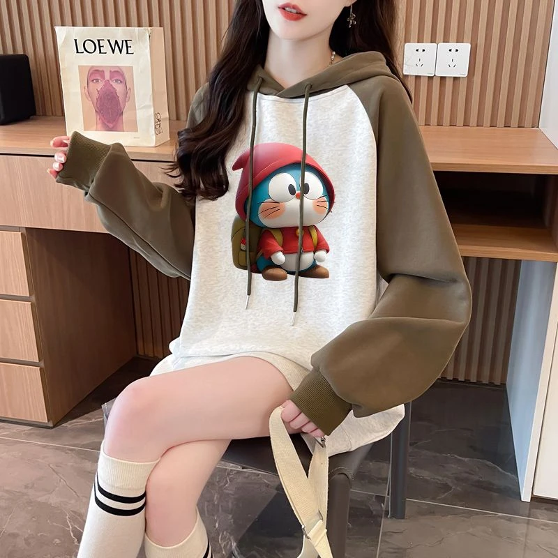 洋气卡通撞色连帽卫衣女春秋薄款大码宽松ins潮牌高级感显瘦上衣