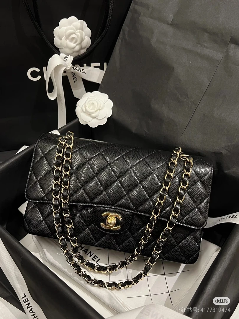 95新 Chanel/香奈儿 艾瑟尔奢品/黑金荔枝中号cf经典单肩包/6635