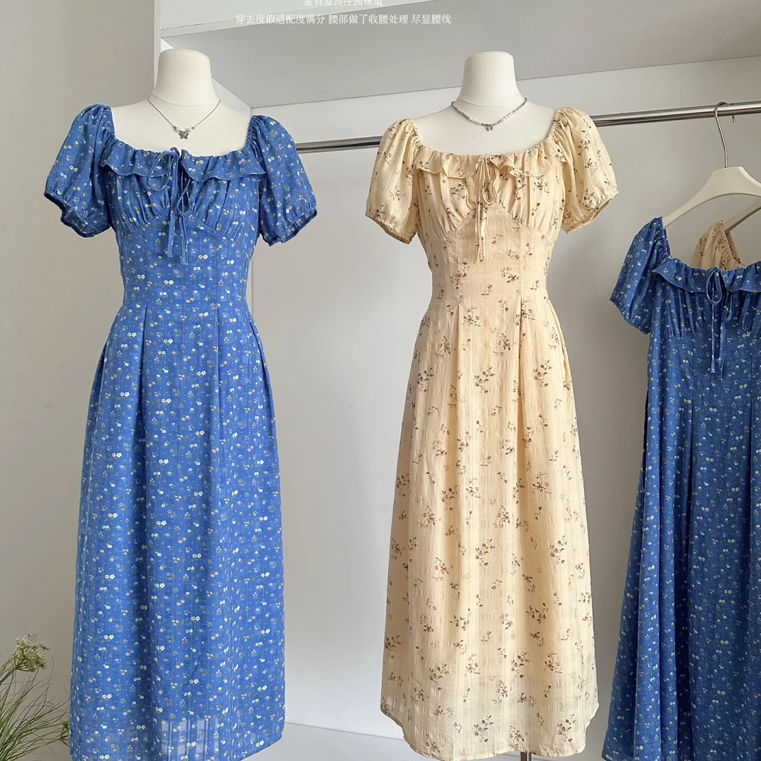 2025夏季新款法式复古碎花连衣裙女收腰显瘦气质长裙