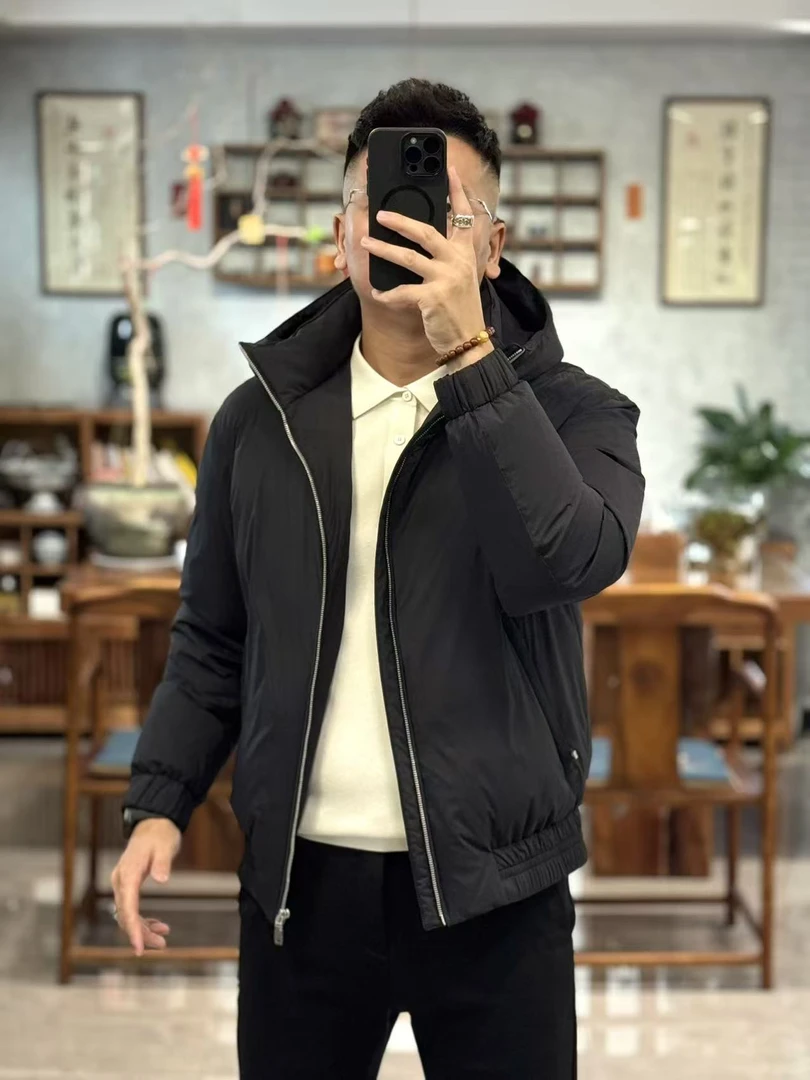 877812欧货冬季高奢款拼羊皮连帽束腰鹅绒男士羽绒服男款