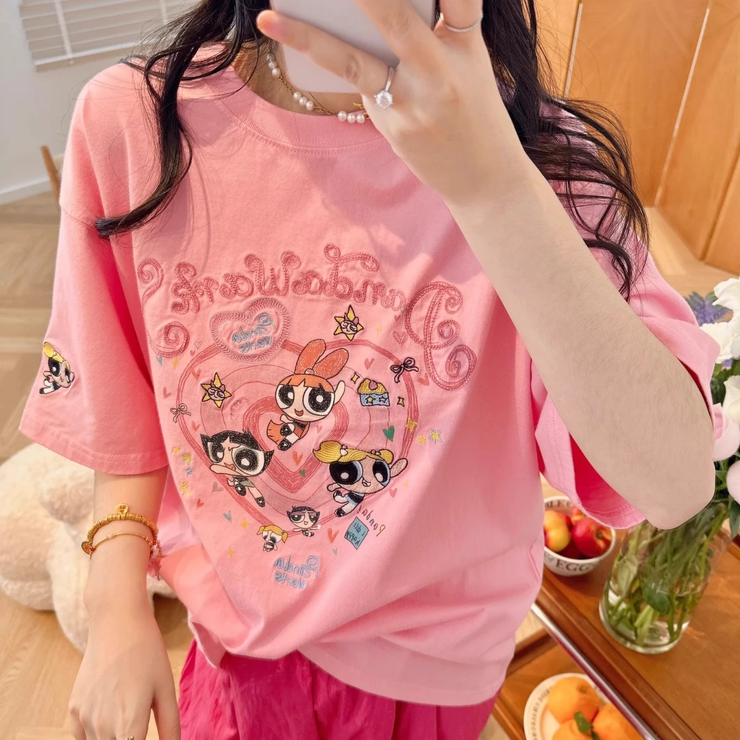 2025新款韩版卡通刺绣图案减龄短袖T恤女宽松显瘦百搭上衣打底衫