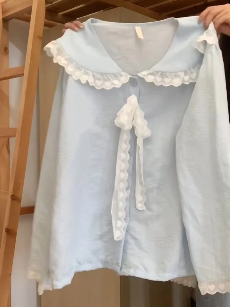 少女甜美蕾丝花边娃娃领蝴蝶结睡衣女春秋新款公主风宽松家居服