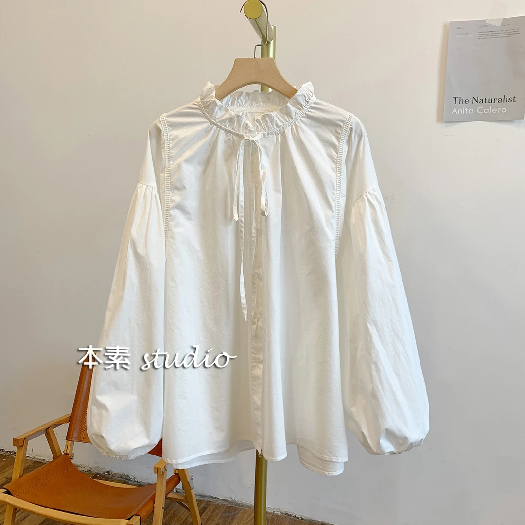 C3437蕾丝拼接全开扣系带木耳边立领衬衫