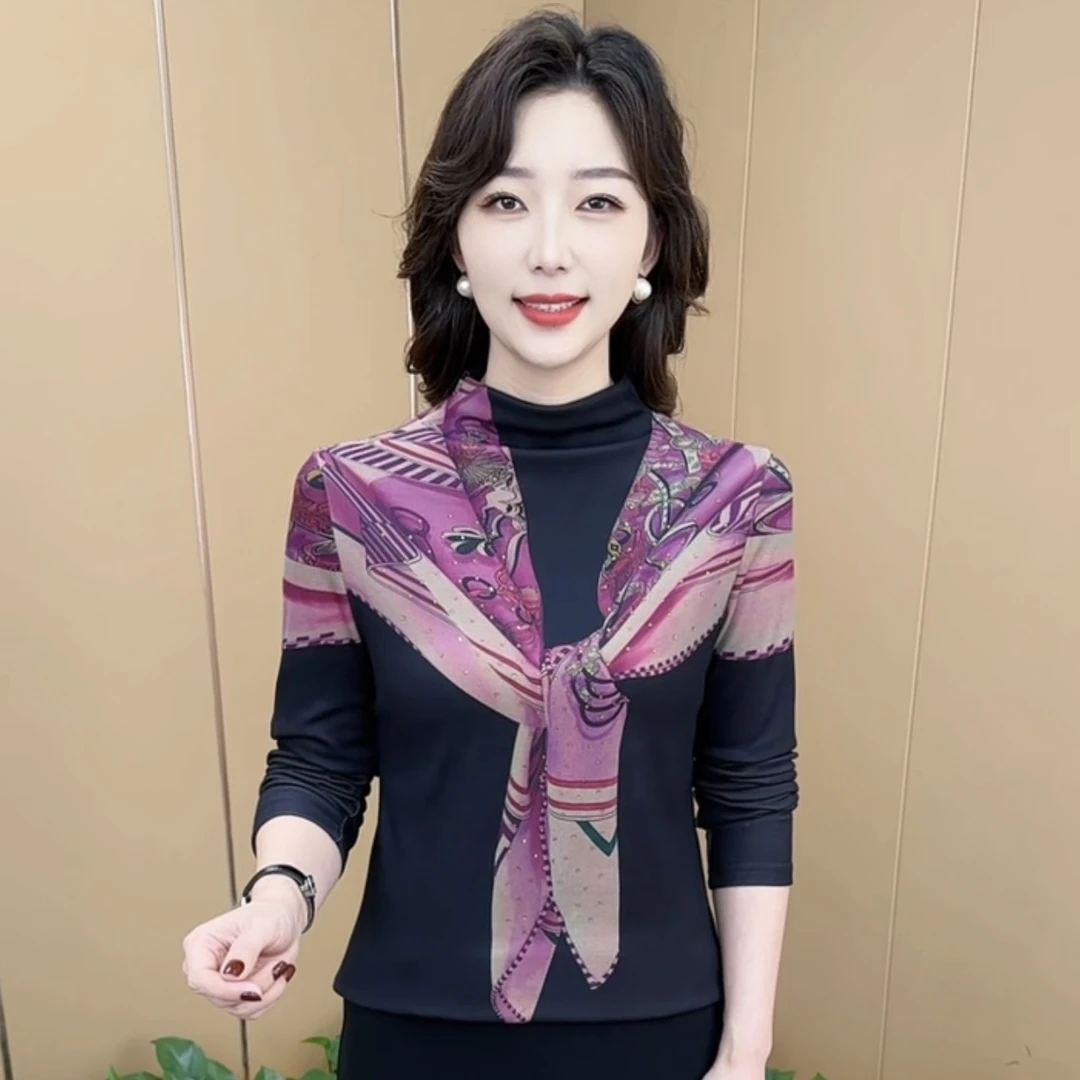 秋冬新款双面绒潮流印花网红打底衫气质百搭时尚洋气妈妈装K6619