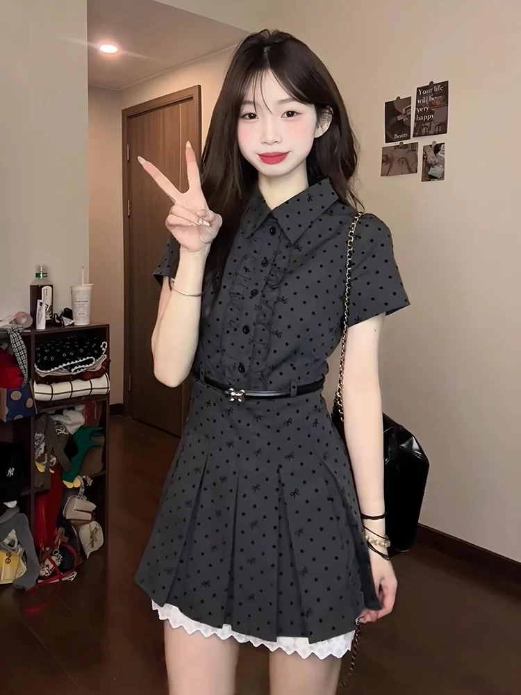 韩系复古假两件波点短袖连衣裙女夏季学院风穿搭收腰显瘦a字短裙