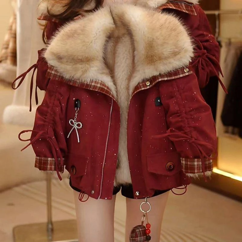 女童外套冬装2025新款洋气儿童加绒加厚派克服中大童冬季红色上衣