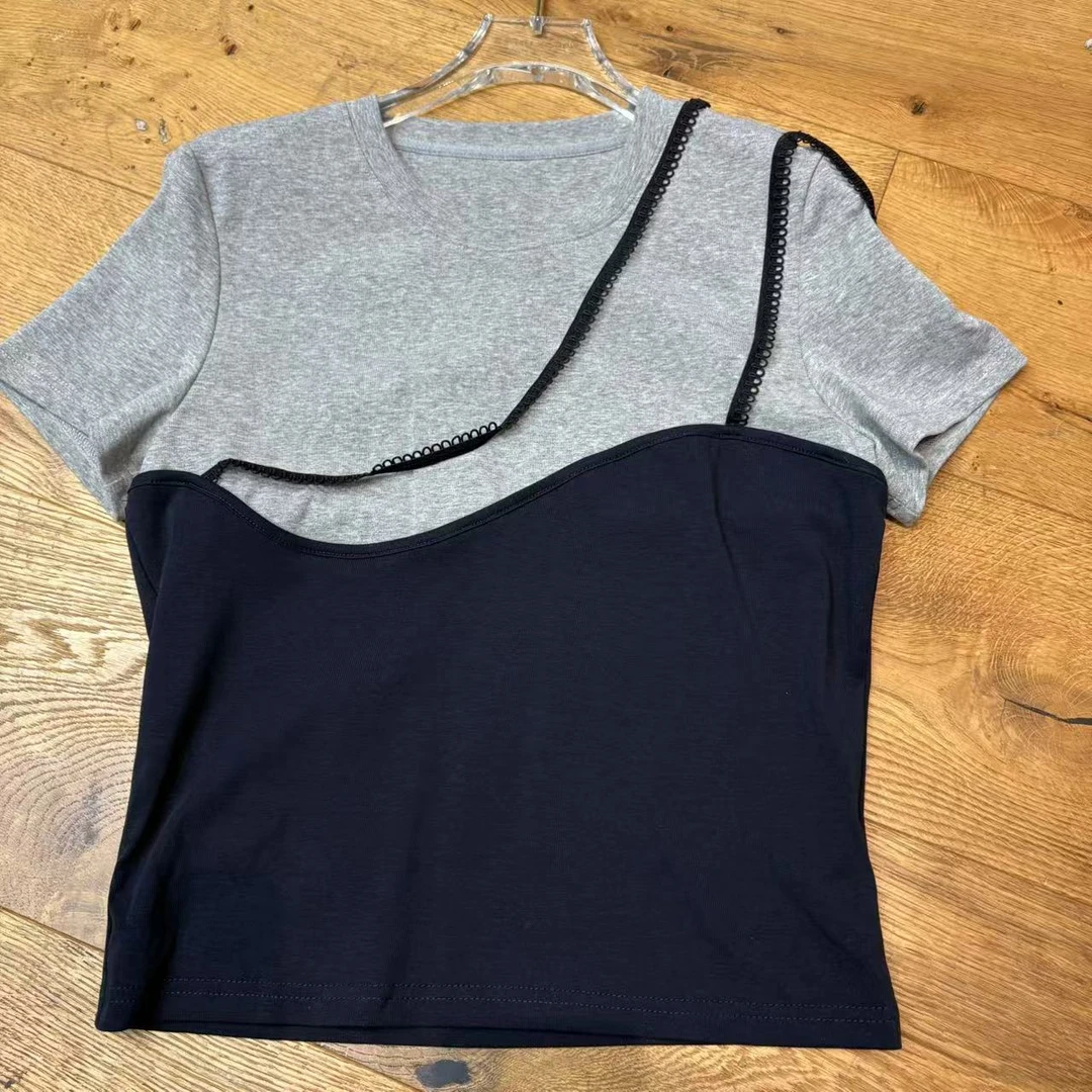 深圳南油高货yi常规款T恤纯色拼接连体气质圆领短袖常规