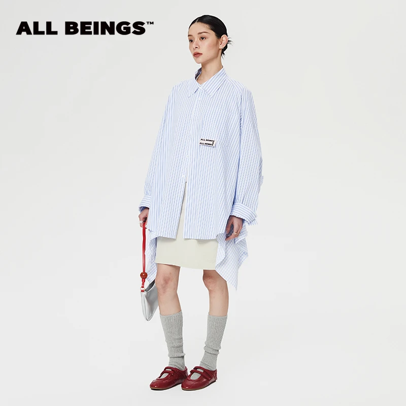 ALL BEINGS【刘恋同款】25年设计师蓝色条纹解构不规则时尚两穿衬衣