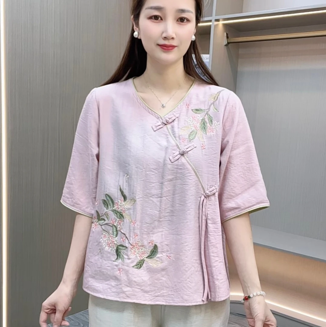 【南南家】2025新款套头宽松洋气中袖重工刺绣中式上衣百搭休闲时尚