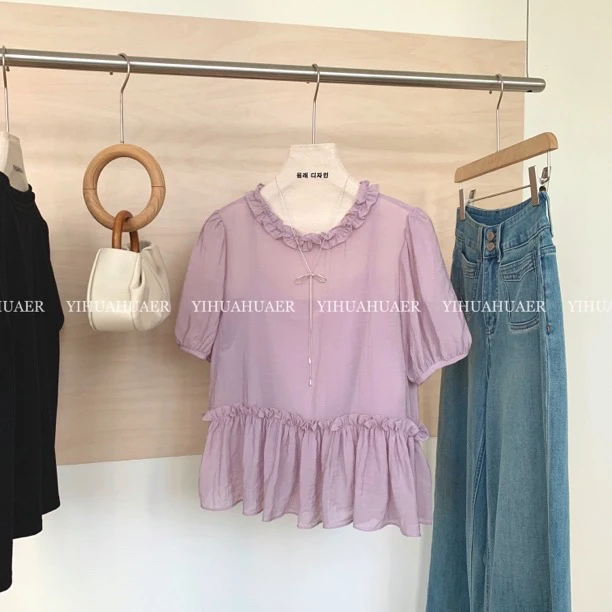 2791韩版夏款紫色花边设计感百搭紫色宽松娃娃衫休闲小衫真两件