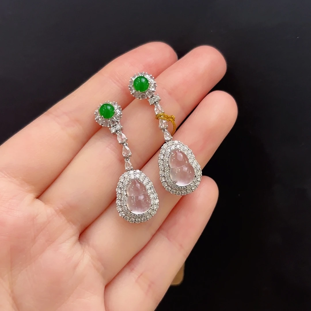 翡翠18K金镶嵌耳饰翡翠葫芦耳饰多人不退不换