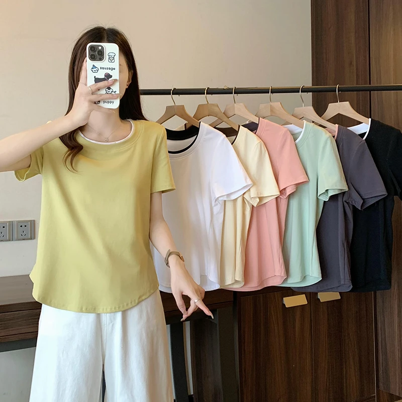 胖MM浮生 广发3大码女装短袖简约显瘦遮肉双领设计撞色圆领上衣