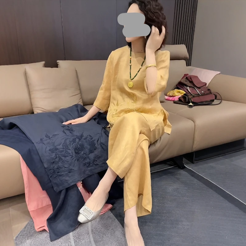 新中式国风刺绣粉色套装女2025夏季新款胖MM大码上衣裤子两件套潮