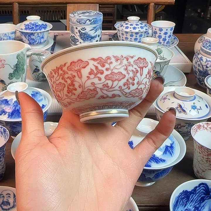 名窑口 点工釉里红缠枝花卉主人杯放漏