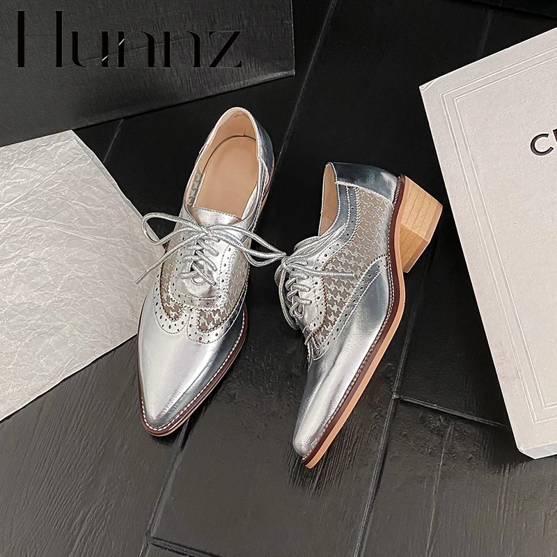 hunnz深口透气网面尖头网纱镂空单鞋女春秋中跟粗跟系带复古英伦