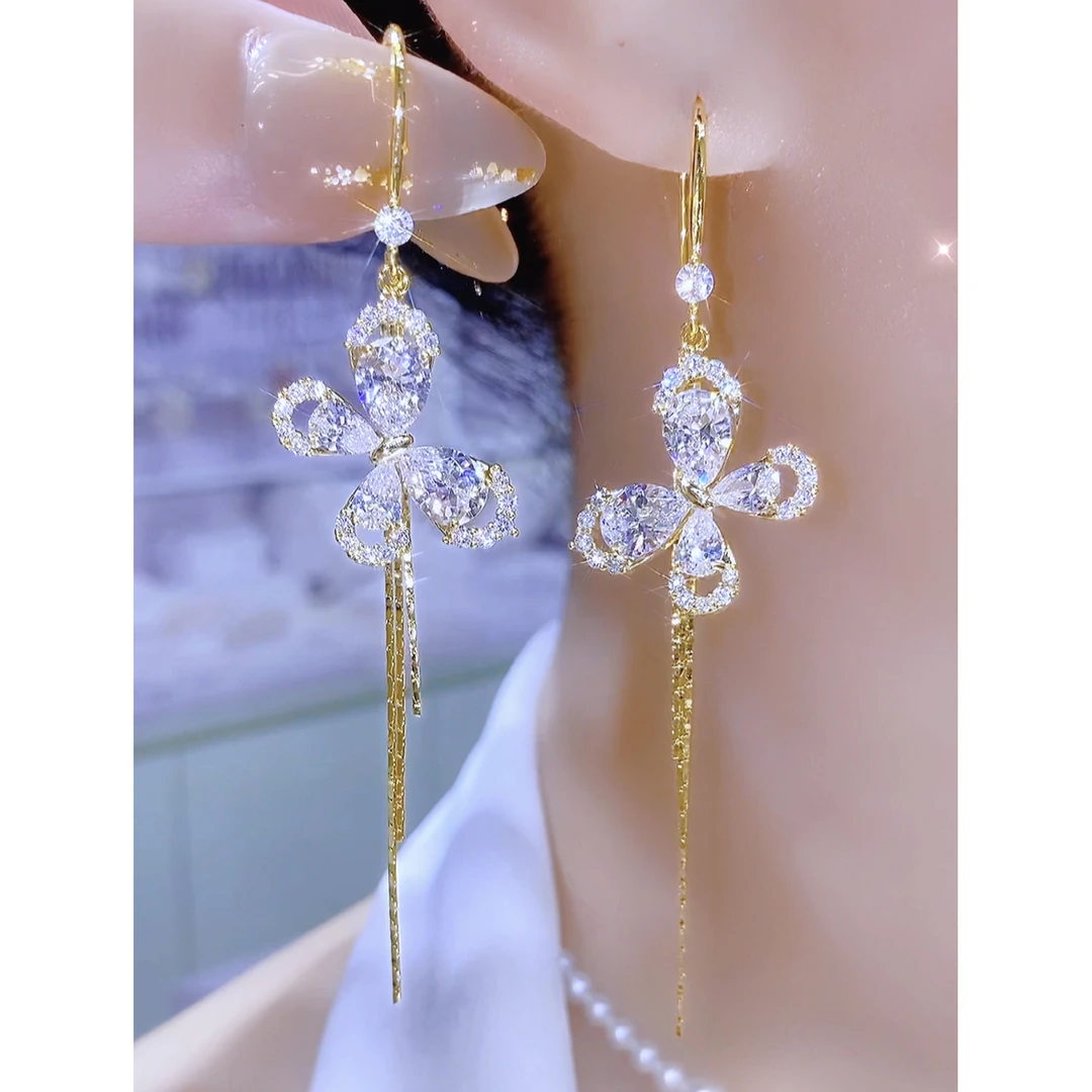 铜合金合成锆石耳饰 气质轻奢百搭超仙长款蝴蝶流苏耳环