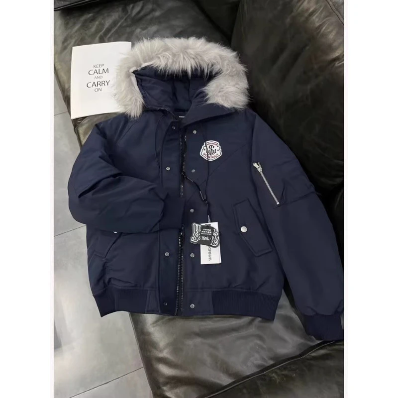 藏青色毛领连帽棉服男女款冬季美式潮牌夹克棉衣高级感工装派克服