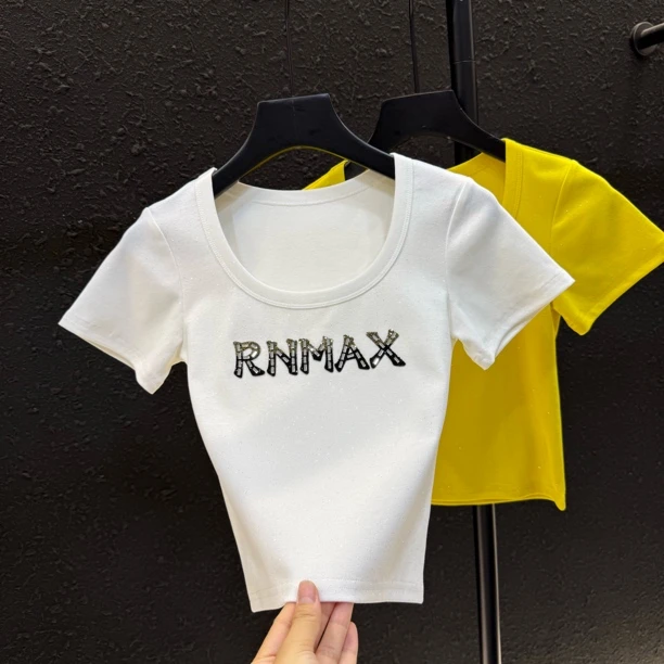 烫钻字母夏季锁骨U领短袖女款爆款2025新款修身显瘦上衣夏182#