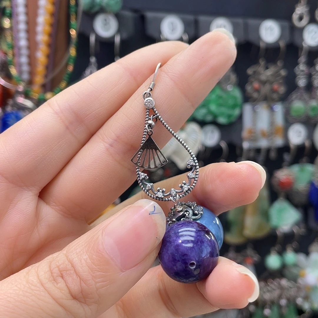 海***豚查罗石银S925镶嵌耳钉614ujjhj