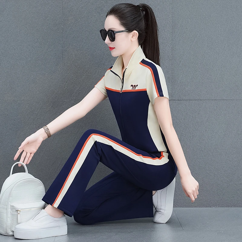 【直播】2025年新款夏季短袖运动套装女洋气中年妈妈拼接休闲两件套
