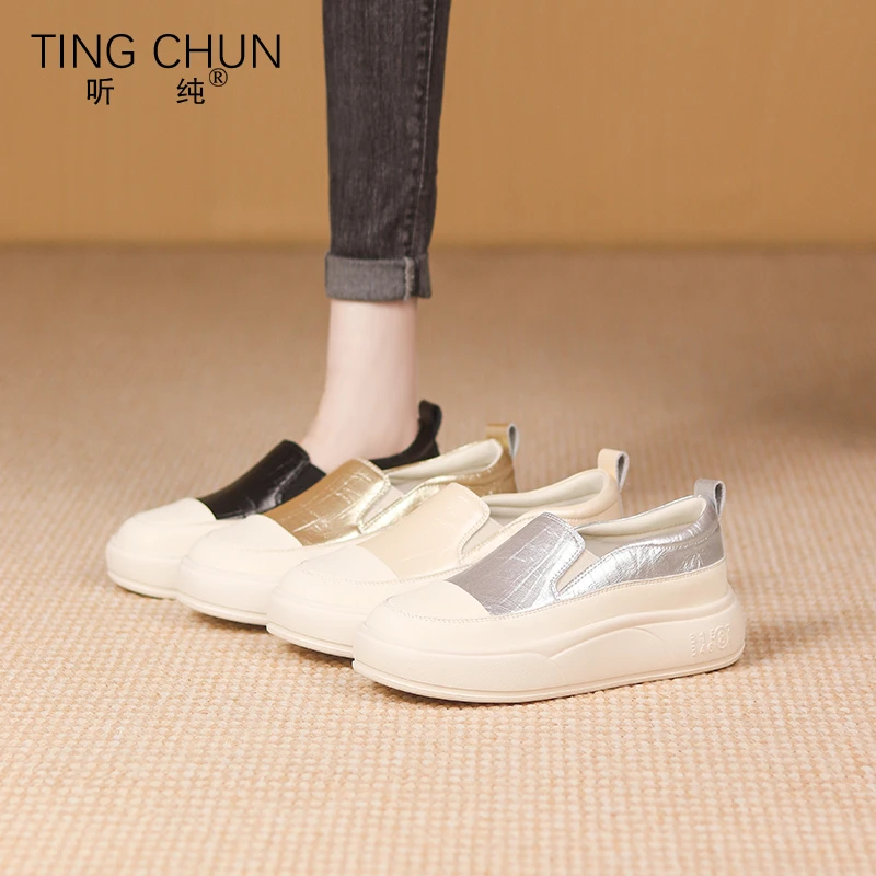 听纯17206休闲时尚2025春秋真皮鞋厚底英伦百搭平底女鞋一脚蹬鞋