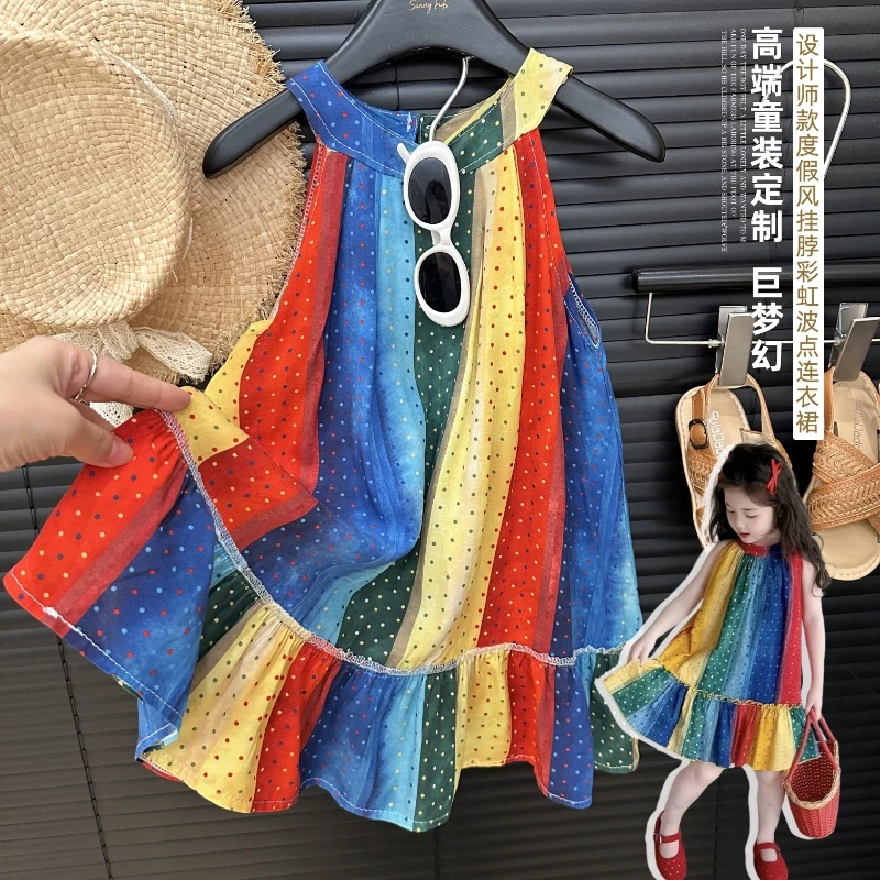 【多巴胺绵绸连衣裙】夏季绵绸莱赛尔女童彩虹波点度假风连衣裙亲子
