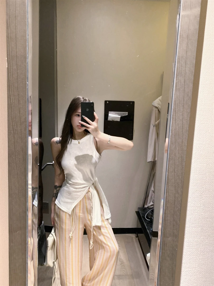 高级感气质收腰无袖设计感薄款小众不规则开叉上衣+高腰宽松裤子