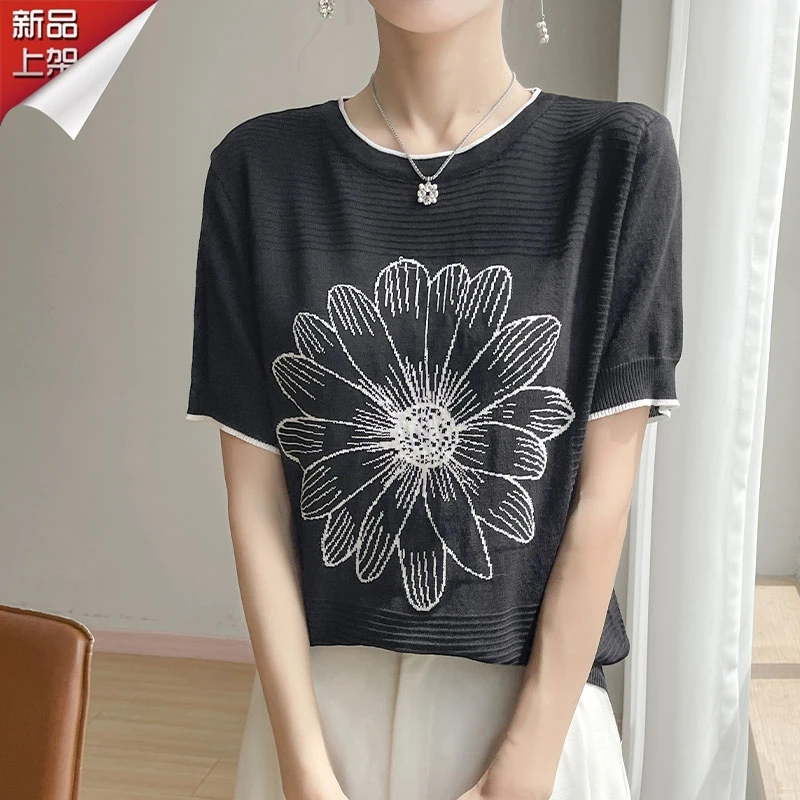 哥弟阿玛施正品夏季圆领针织印花短袖T恤2025新款韩版时尚上衣薄